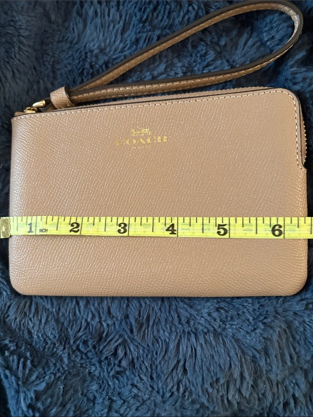 Coach Tan Pebbled Leather Wristlet with Gold Accent